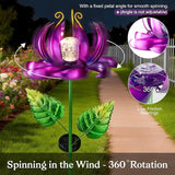 Solar Yard Lights Wind Spinners- Metal Lotus Flower Garden Decor LED Crackle Glass Globe Yard Art Sculpture Solar Stake Lights for Patio Pathway Lawn Walkway (Purple-Large)
