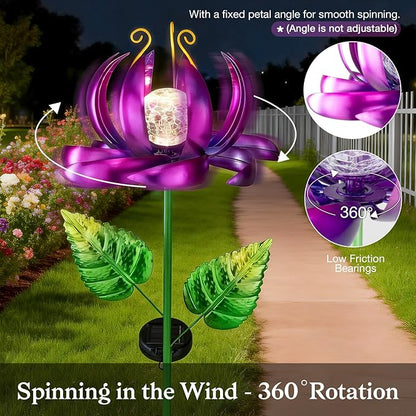 Solar Yard Lights Wind Spinners- Metal Lotus Flower Garden Decor LED Crackle Glass Globe Yard Art Sculpture Solar Stake Lights for Patio Pathway Lawn Walkway (Purple-Large)