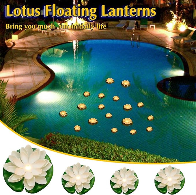 Hortsun 12 Pcs Floating Lotus Lights with Batteries Lily Pads Pool Flowers Floating Candles Decor Artificial Pond Plants Decorations for Pool Pond Outdoor Indoor (White,3.94/5.91 Inch)
