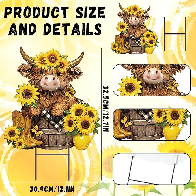 Amyhill Highland Cow Outdoor Decor Metal Garden Stakes Summer Sunflowers Yard Signs Farmhouse Floral Cattle Waterproof Lawn Sign Outdoor Decorations for Summer Holiday Garden Lawn Decor