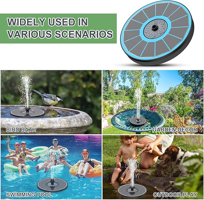 Yzert Solar Fountain for Bird Bath Direct Sunlight High Efficiency 3.5W Glass Panel Solar Water Fountain Outdoor Garden Flower (Blue)