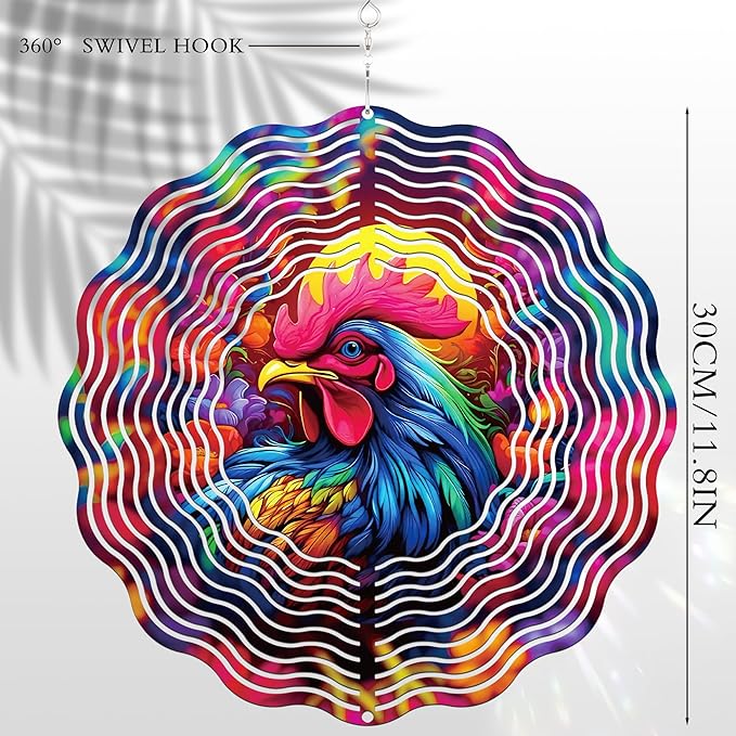 Metal Wind Spinners Outdoor - Chicken Yard Decor 3D Hanging Wind Spinner 12 Inch Kinetic Spinning Art Ornaments for Patio Lawn Garden Balcony Chicken Gifts for Women Men Mom Grandma Friends
