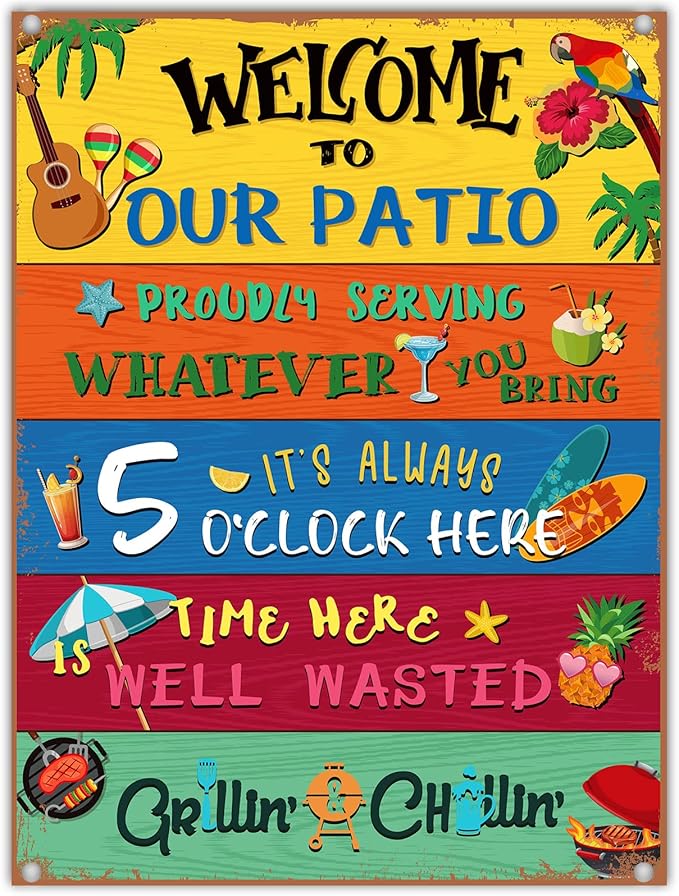 Welcome to Our Patio Outdoor Sign Metal Patio Sign Welcome Signs for Porch New Home Birthday Gift for Men Women Neighbor Friends Family Couple Party Outdoor Pool Decor, 12 x 16 Inches