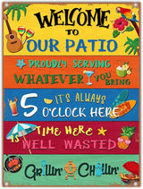 Welcome to Our Patio Outdoor Sign Metal Patio Sign Welcome Signs for Porch New Home Birthday Gift for Men Women Neighbor Friends Family Couple Party Outdoor Pool Decor, 12 x 16 Inches