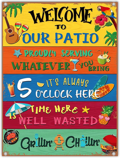 Welcome to Our Patio Outdoor Sign Metal Patio Sign Welcome Signs for Porch New Home Birthday Gift for Men Women Neighbor Friends Family Couple Party Outdoor Pool Decor, 12 x 16 Inches