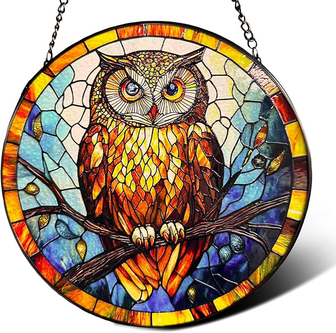 Owl Stained Glass Suncatcher,7.8-in Colorful Bird Window Hanging Ornament for Indoor & Outdoor Decor, Gift for Bird Lovers, Women, Mom, Grandma, Living Room, Garden, Porch, Housewarming