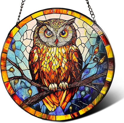 Owl Stained Glass Suncatcher,7.8-in Colorful Bird Window Hanging Ornament for Indoor & Outdoor Decor, Gift for Bird Lovers, Women, Mom, Grandma, Living Room, Garden, Porch, Housewarming