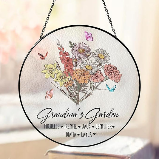 Personalized Grandma’s Garden Stained Glass Window Hanging Ornament, Custom Birth Month Flowers with Kids’ Names, Grandma Love Grows Here Floral Art