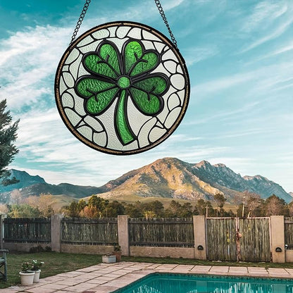 Stained Glass Window Hanging Green Lucky Clover Large 11.8" - Suncatcher Door Garden Sun Catcher Irish Decoration Birthday Christmas St. Patrick's for Mom Men Woman Nana