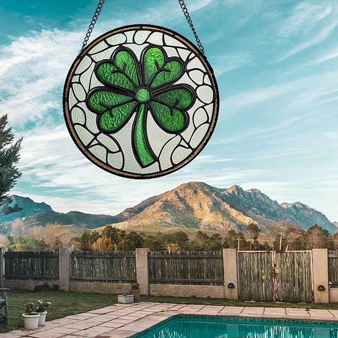Stained Glass Window Hanging Green Lucky Clover Large 15" - Suncatcher Door Garden Sun Catcher Irish Decoration Birthday Christmas St. Patrick's for Mom Men Woman Nana