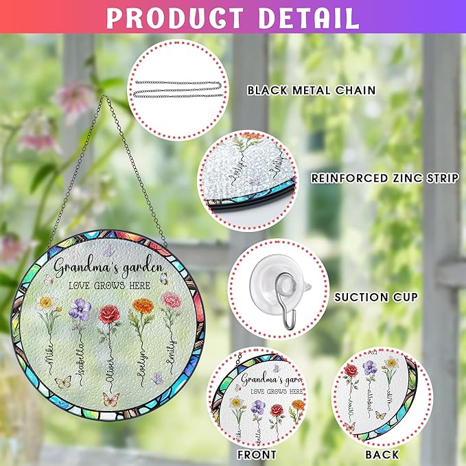 Personalized Grandma's Garden Stained Glass Suncatcher, Custom Stained Glass Window Hanging with Mom's Garden Birth Flowers, Mothers Day Unique Gifts for Mom from Grandkids on Mothers Day Christmas