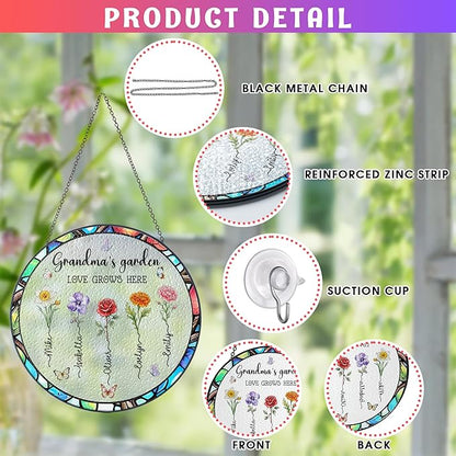 Personalized Grandma's Garden Stained Glass Suncatcher, Custom Stained Glass Window Hanging with Mom's Garden Birth Flowers, Mothers Day Unique Gifts for Mom from Grandkids on Mothers Day Christmas