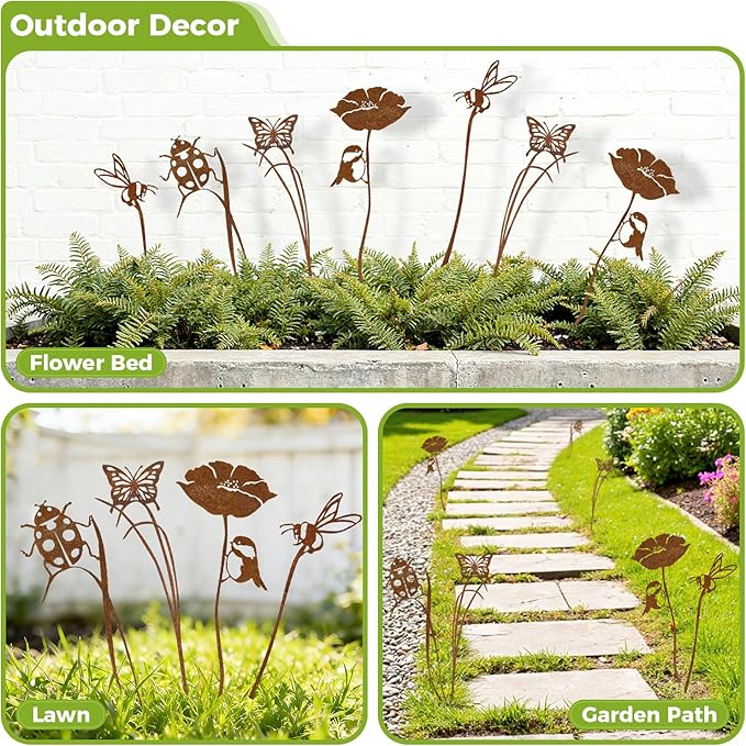 KODIBO 4-Pack Metal Garden Stakes Outdoor Decor, Vintage Rust Patina Bird Bee Butterfly Ladybug Garden Stake Set, Decorative Yard Art for Flower Bed, Planters, Patio & Lawn, Gift for Garden Lovers