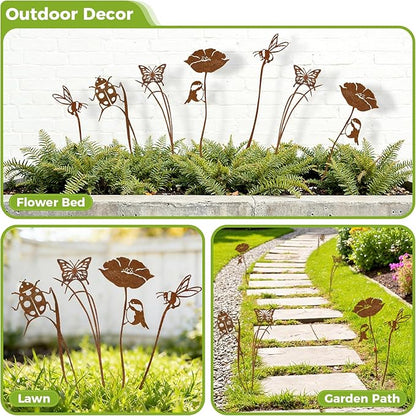 KODIBO 4-Pack Metal Garden Stakes Outdoor Decor, Vintage Rust Patina Bird Bee Butterfly Ladybug Garden Stake Set, Decorative Yard Art for Flower Bed, Planters, Patio & Lawn, Gift for Garden Lovers