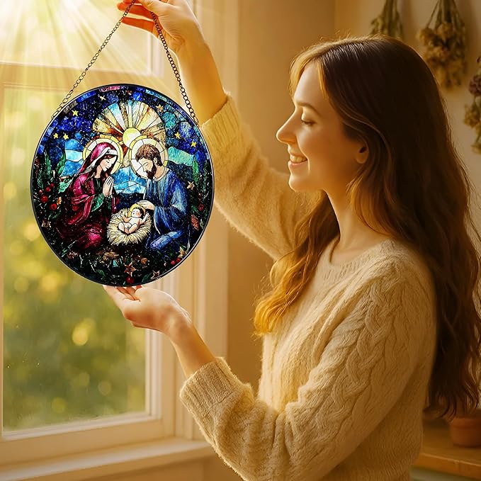 8-Inch Nativity Scene Stained Glass Suncatcher Ornament, Stained Glass Window Hanging & Nativity Religious Ornament, Christian Home Decor — Gifts for Christmas, Christian Gift, Religious Gift