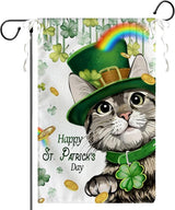 Happy St Patrick's Day Garden Flag Cat with Green Hat Shamrock Yard Flag Shamrock Clover Rainbow Burlap Garden Flags for Irish Spring Farmhouse Patrick Holiday Outdoor Double Sided 12x18 Inch