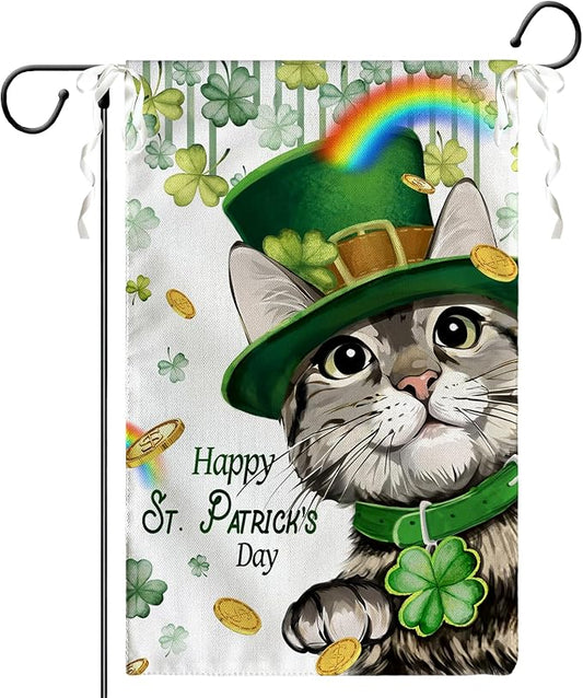 Happy St Patrick's Day Garden Flag Cat with Green Hat Shamrock Yard Flag Shamrock Clover Rainbow Burlap Garden Flags for Irish Spring Farmhouse Patrick Holiday Outdoor Double Sided 12x18 Inch