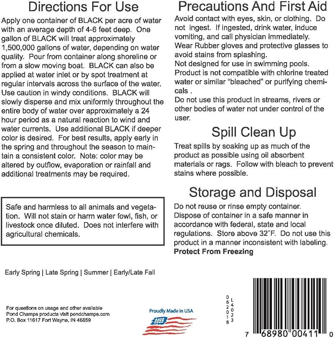 Pond Champs Black Lake & Pond Dye – One Gallon of Deep Black Pond Colorant – Treats 1 Acre - Safe for Fish, Wildlife, Pets & Children