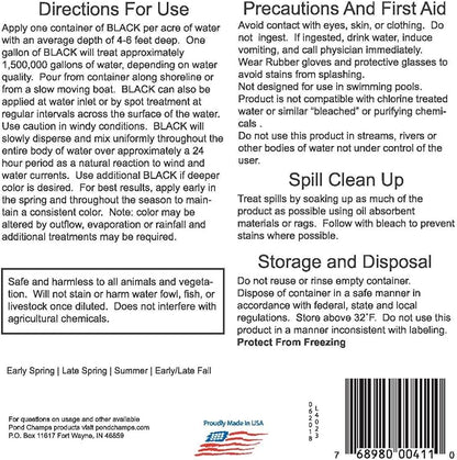 Pond Champs Black Lake & Pond Dye – One Gallon of Deep Black Pond Colorant – Treats 1 Acre - Safe for Fish, Wildlife, Pets & Children