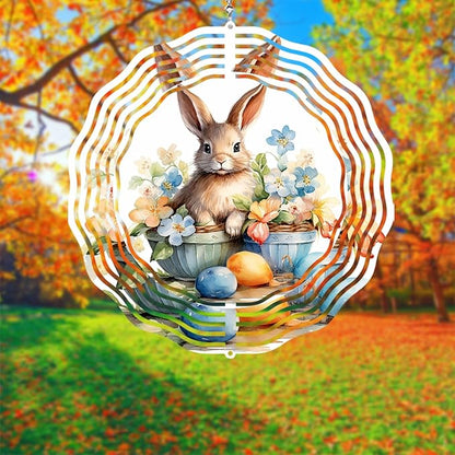 Easter Bunny Wind Spinner Easter Day Gifts 3D Metal Kinetic Hanging Wind Sculpture Spinners for Yard and Garden Indoor Outdoor Window Easter Rabbit Yard Art Garden Decoration 8 Inch (Bunny 3)