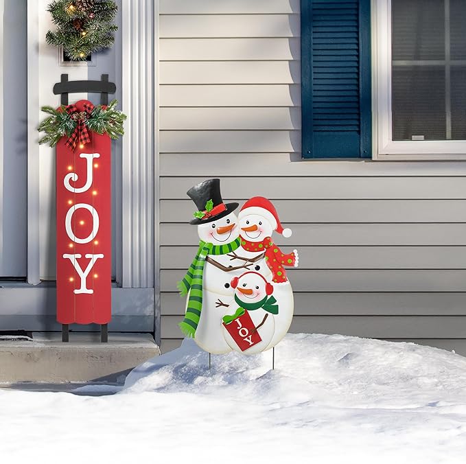 Glitzhome 30" H Metal Christmas Snowman Family Yard Sign with Stake, Xmas Decorative Standing Wall Hanging Decoration for Garden Home Lawn Pathway Walkway