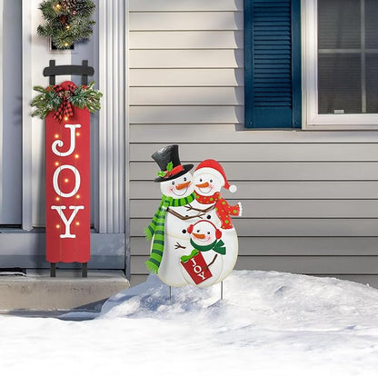 Glitzhome 30" H Metal Christmas Snowman Family Yard Sign with Stake, Xmas Decorative Standing Wall Hanging Decoration for Garden Home Lawn Pathway Walkway