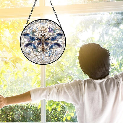 DASTOLL Stained Glass Window Hanging, Dragonfly Flower Suncatcher for Doors Home Sun Catchers Decoration and Christmas, Mother's Day Birthday Gifts for Women, Men, and Mom 7.8 in