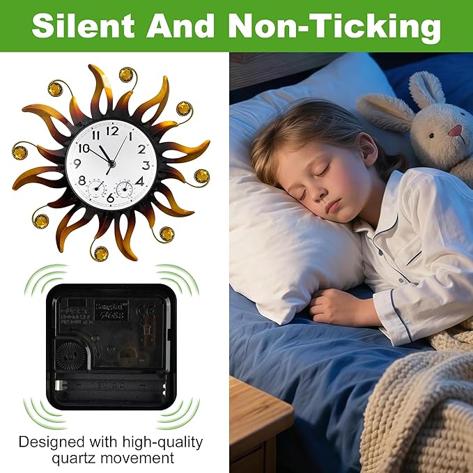 Outable Sun Outdoor Clock Silent No-Ticking Outdoor Clocks Waterproof Decorative Outdoor Clock Thermometer Combo for Patio Garden Outside Decor 13 Inch