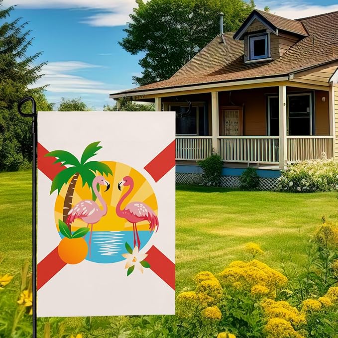 Florida Garden Flag Outdoor with Flamingos Palm Tree Orange Blossom Sunset Tropical Beach Scene House Banner Welcome Summer Spring Yard Porch Patio Seasonal Decoration Miami Vibes 12x18 Inch