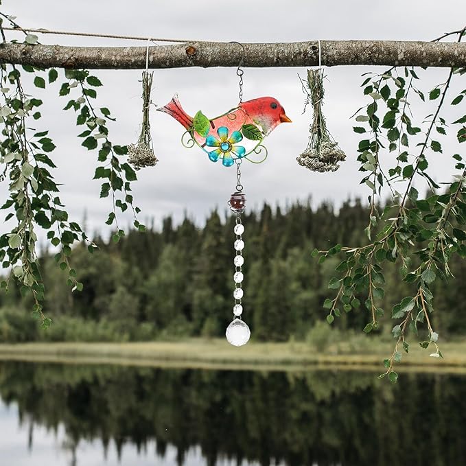 TIDTALEO Glass and Iron Garden Bird Hanging Statue Outdoor Decor with Realistic Bright Red Bird Design Creative Patio Ornament for Park and Home Landscaping