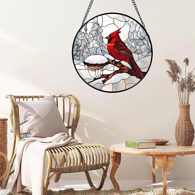 Stained Glass Window Hanging Cardinal Bird Winter Snow Scene 6.3" - Suncatcher Door Garden Sunroom Sun Catcher Home Decor Birthday Christmas for Mom Men Woman Nana