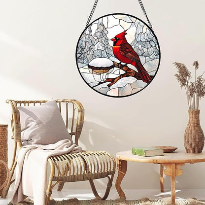 Stained Glass Window Hanging Cardinal Gifts 7.8" - Red Bird Suncatcher Door Garden Sunroom Sun Catcher Home Decor Birthday Christmas for Birds Lover Mom Men Woman Nana Dad