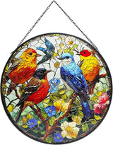 Birds on a Branch Stained Suncatcher for Windows Hanging, 7.8'' Animal Flower Scenery Stained Glass Window Hanging Home Garden Decor, Hand-Painted Glass Gifts for Birds Lovers, Mom