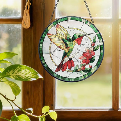 Hummingbird Stained Glass Window Hanging, Hummingbird Suncatcher, Bird Floral Sun Catchers Indoor Window Round Glass Wall Art Hanging Decorations, 7.9x7.9in