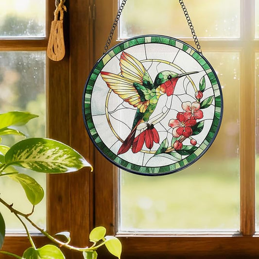 Hummingbird Stained Glass Window Hanging, Hummingbird Suncatcher, Bird Floral Sun Catchers Indoor Window Round Glass Wall Art Hanging Decorations, 7.9x7.9in