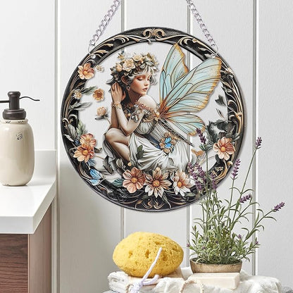 1PC Flower Fairy Acrylic Stained Glass Suncatcher Nature Round Flowers and Girls Suncatcher Hanging Decoration with Metal Chain-SunCatchers for Window Decor Outdoor Garden Decor Gift (B)
