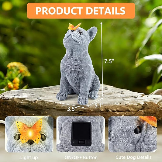 Dog Statue with Solar Butterfly, Cute French Bulldog Garden Statue Outdoor Decor for Outside Yard Lawn Patio Porch, Resin Garden Art Home Decorations Figurine, Dog Lovers Gifts for Women Mom