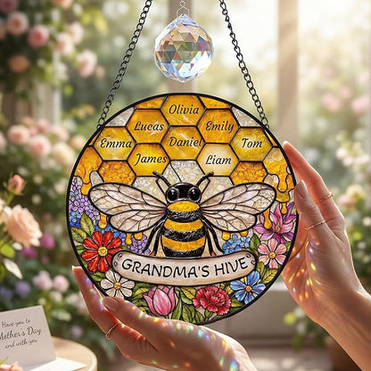 Personalized Mothers Day Stained Glass Gifts for Grandma, Custom Windows Hanging with Kids Name, Suncatcher Ornament Decor Mom Gift from Daugher