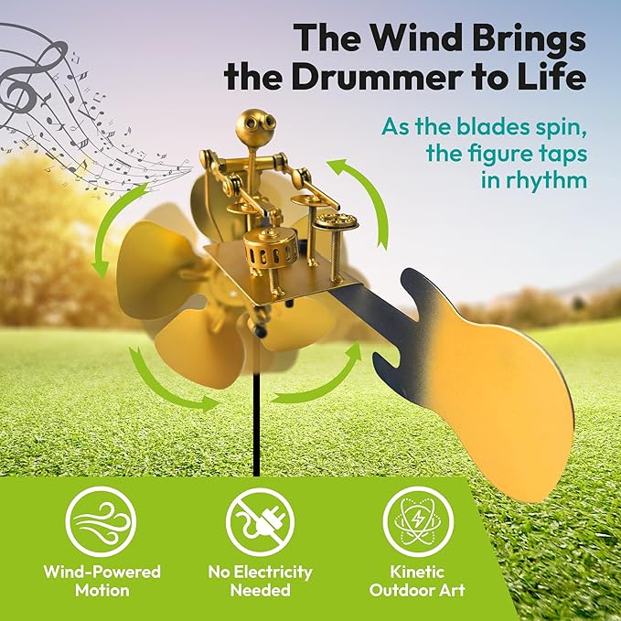 Handmade Metal Drummer Windmill Wind Spinner - Rock Band Percussionist Music Figurine - Wind-Powered Kinetic Windmills Spinners Sculpture - Outdoor Decor for Yard Lawn Garden Patio