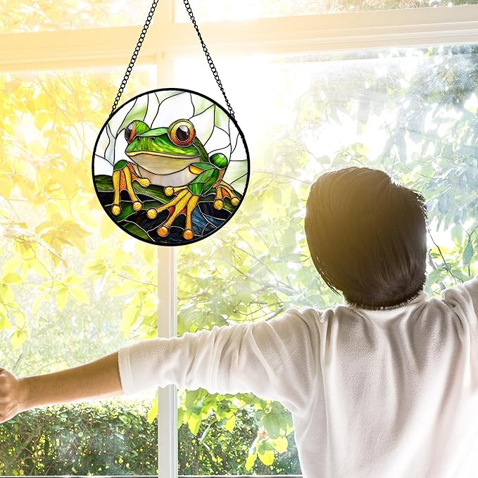 DASTOLL Stained Glass Window Hanging, Green Frog White Petals Sun Catchers Colorful Glass Panel Cute Suncatcher Decor for Birthday for Women, Men, Wife, Aunt, and Mom 6.3 in