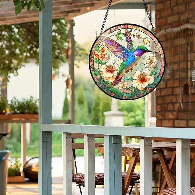 7.8 Inch Stained Glass Window Hanging Hummingbird Flower Sun Catcher Indoor Window Door Wall Yard Home Decor Bird Ornament Colorful Glass Panel Suncatcher Gifts for Women Men Mom Grandma Bird Lovers