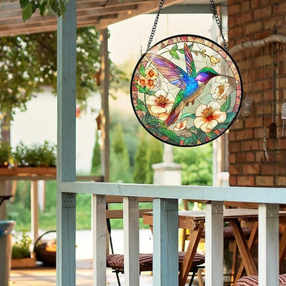 7.8 Inch Stained Glass Window Hanging Hummingbird Flower Sun Catcher Indoor Window Door Wall Yard Home Decor Bird Ornament Colorful Glass Panel Suncatcher Gifts for Women Men Mom Grandma Bird Lovers