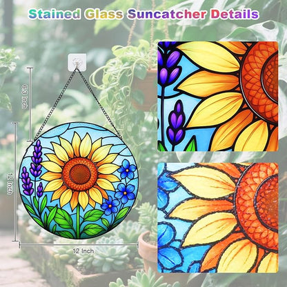Sunflower Stained Glass Window Hanging – Round Sunflower Suncatcher for Window, Garden or Home Decor – Bright Floral Glass Panel Ornament (12 Inch)