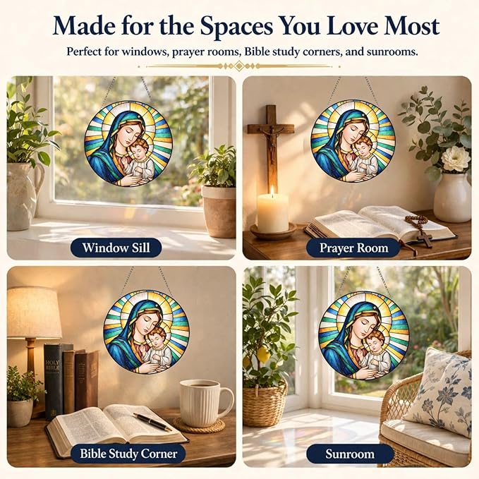Virgin Mary and Child Suncatcher Window Hanging, 7.8" Stained Glass for Mom, Grandma and Friends, Faith Decor for Window, Prayer Room, Sunroom and Office