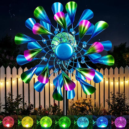 Solar Wind Spinner Outdoor Metal - Peacock Kinetic Garden Sculptures with Color-Changing LED Lights, Waterproof Wind Catchers Yard Art Decor for Patio Lawn, for Women (Green)