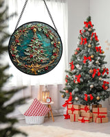 DASTOLL Stained Glass Window Hangings - Red Gold Green Wreath Suncatcher for Door Home Christmas Tree Decoration Sun Catcher Thanksgiving New Year Birthday Gift for Women Men Mom Grandma 9.8 in