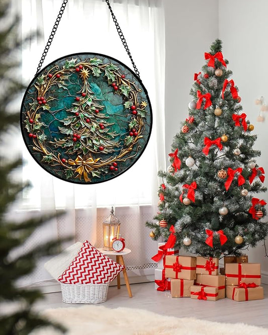 DASTOLL Stained Glass Window Hangings - Red Gold Green Wreath Suncatcher for Door Home Christmas Tree Decoration Sun Catcher Thanksgiving New Year Birthday Gift for Women Men Mom Grandma 7.8 in