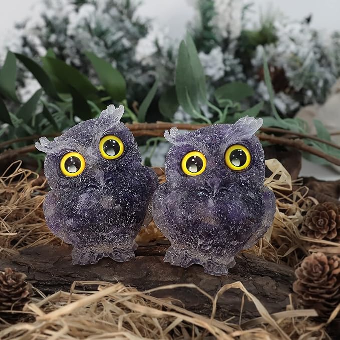 Nupuyai 3 inches Orgone Resin Crystal Chips Tumbled Stone Owl Statue, Mini Hand Carved Stone Crystal Animal Figurines for Tabletop Indoor Outdoor, Amethyst