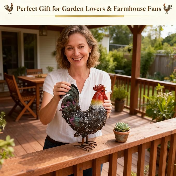 Metal Rooster Statue Chicken Decor, Rustic Farmhouse Spring Garden Yard Art, Weather Resistant Outdoor Sculpture for Patio Lawn Backyard, Ideal for Home Kitchen Decor
