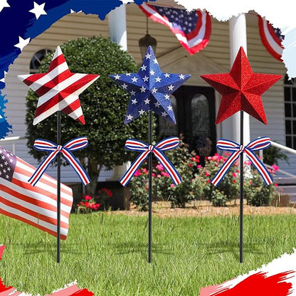Amyhill 4th of July Decorations, 3 Pack Patriotic Star Garden Stakes, Glitter 250th Anniversary Red White Blue Metal Yard Signs with Stakes, Outdoor Decor for Patio Lawn Walkway